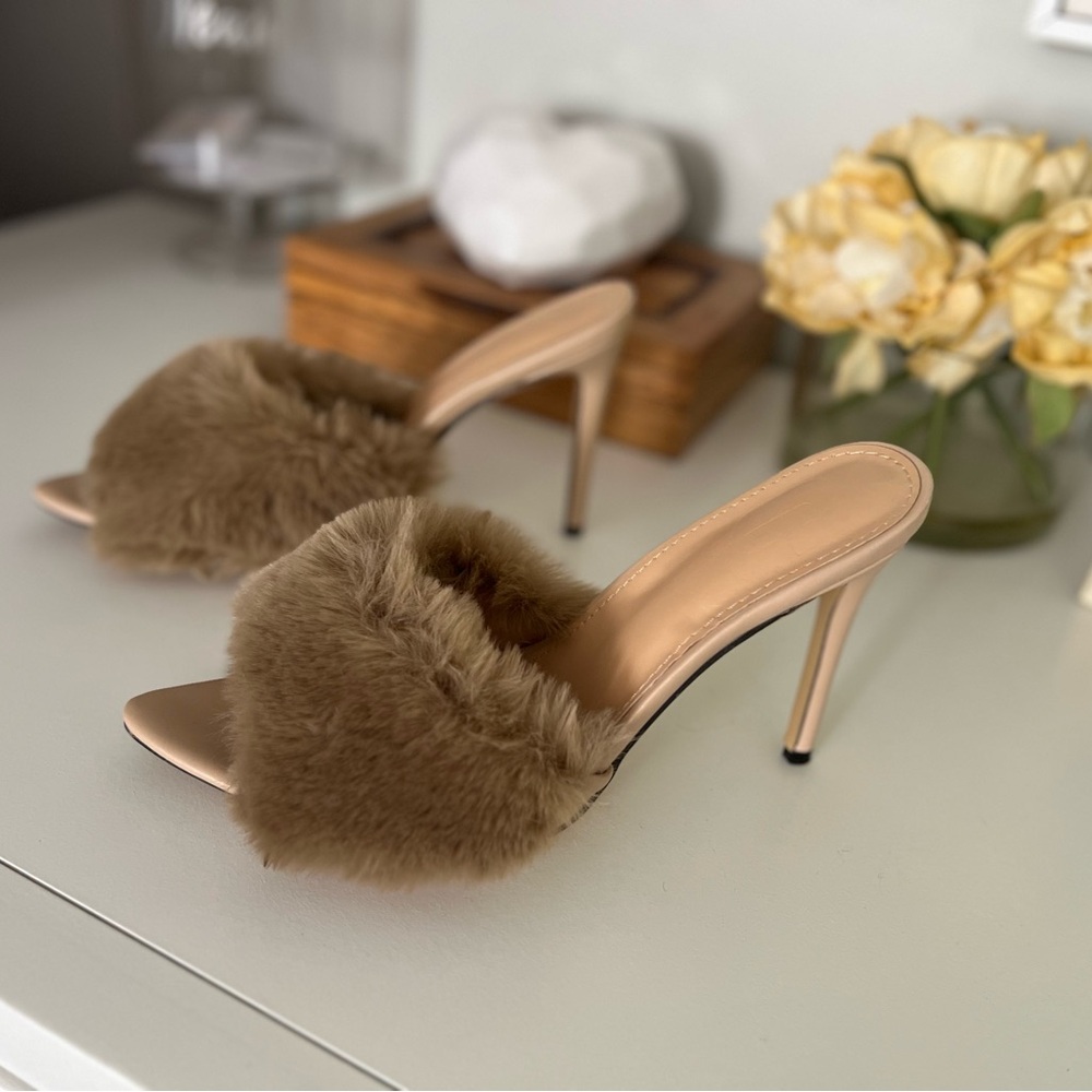 Fluffy Tan 3inch slide heels